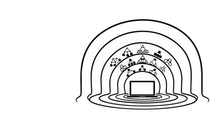 Obraz premium Black and white illustration of a TV surrounded by concentric circles and arches with decorative elements