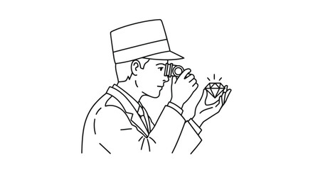 Obraz premium Man in hat examining diamond with magnifying glass in modern flat design isolated on white background