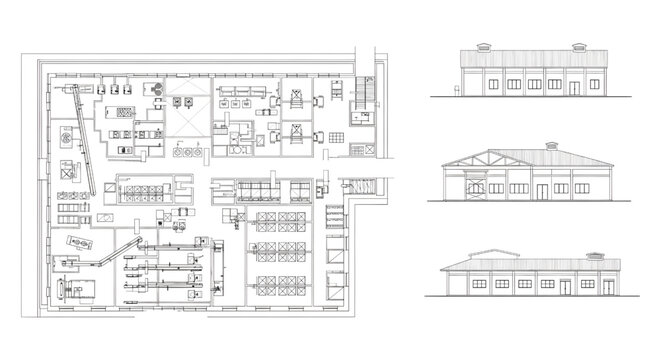 Fish Processing Plant Blueprint Vector &ndash; Seafood Factory Layout Multi View Technical Line Drawing Isolated on White