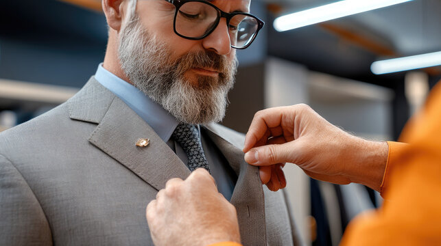 Tailor hands carefully fitting lapel of a custom made gray suit for bearded man, highlighting bespoke craftsmanship, personal service, and elegant men's fashion