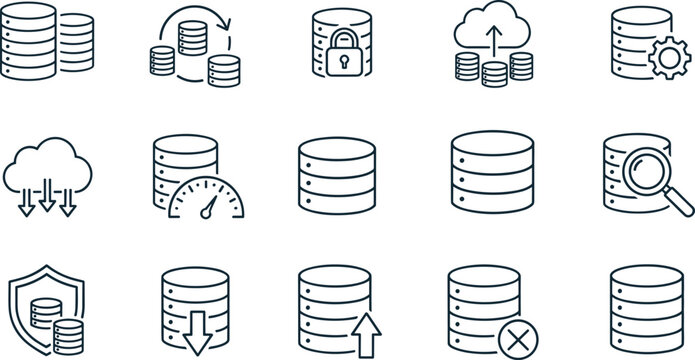 Database and cloud computing icons set, data storage vector illustration, secure server symbol design, technology infrastructure icon, IT management isolated graphic art