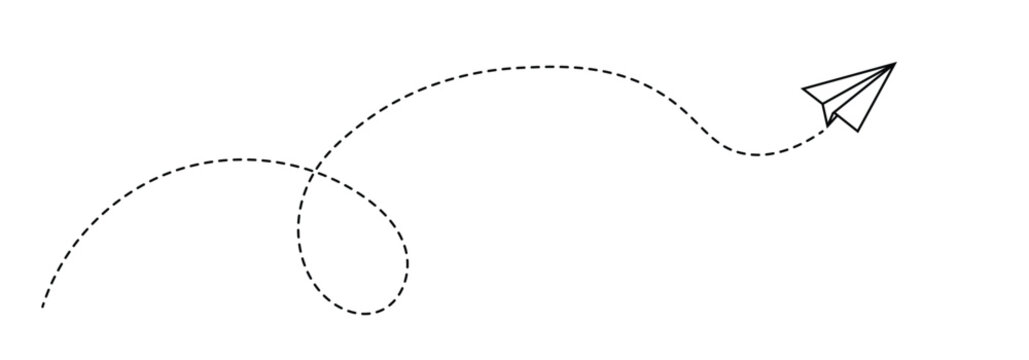 Paper airplane flying with a dashed path hand-drawn doodle aeroplane. flight path icon collection. paper areoplane route.  Paper areoplane with dotted flight path isolated on a white background.