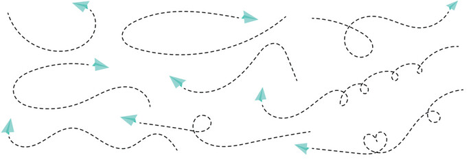 Colourful, fun paper plane with dotted line. Hand-drawn doodle aeroplane. flights paths icon collection. paper aeroplane route. Paper aeroplane with dashed flight path. 