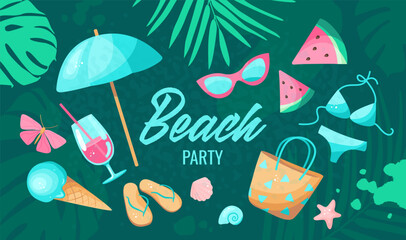 Beach party banner with tropical leaves © Olena