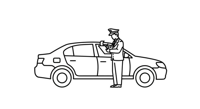 Police officer giving traffic ticket to driver, flat line art illustration isolated on white background