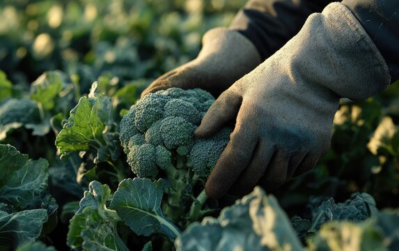 Close-up of hands in gloves picking broccoli on a farm, with the focus on the person's arms and the vegetables they are harvesting from the green field background.