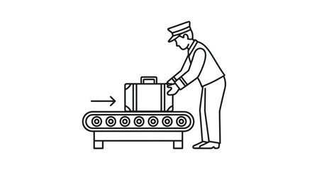 Fototapeta premium Airport worker loading luggage onto conveyor belt in flat design isolated on white background
