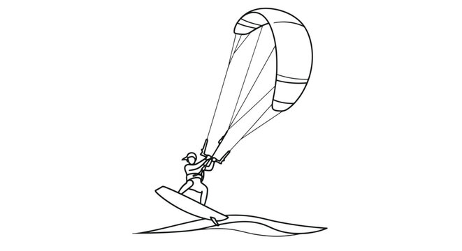 Man parasailing on water sports equipment in a continuous line drawing art style isolated on white background