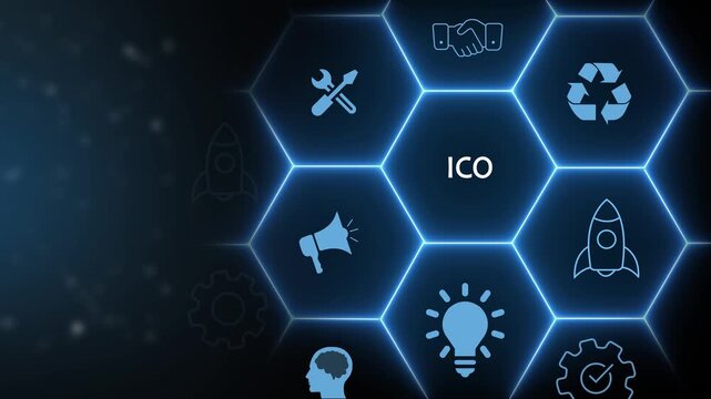 Business, Technology, Internet and network concept. ICO Initial Coin Offering. a futuristic holographic advanced HUD circle platform Business, Technology network