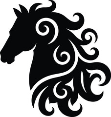 Artistic black horse head silhouette with decorative floral swirl mane ornament vector illustration on white.
