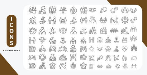 People crowd and teamwork thin line icon set. Person group, human resources and office staff outline pictograms with editable vector stroke for web and app.