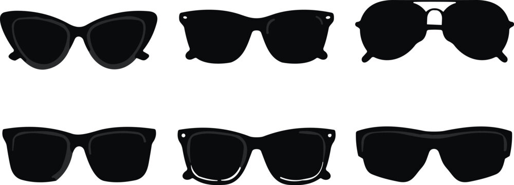 Sunglasses silhouettes set, black eyewear icons collection, fashion glasses shapes, retro modern sun shades vector isolated design element pack stylish optical accessory