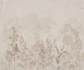 hand-drawn elegant and unique tree , vintage art nature mural background © Mondal_01