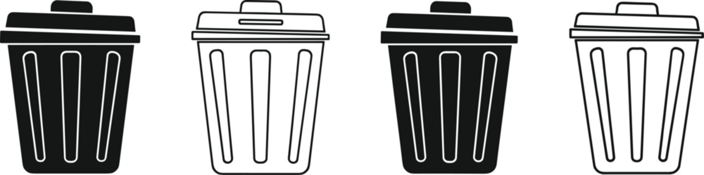 Trash bin icon set, garbage waste container silhouettes and outline symbols, recycle disposal vector illustration, household sanitation trash can collection