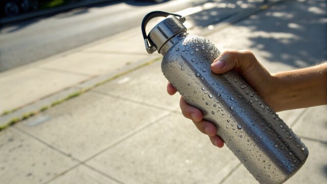 Hand holding a stainless steel water bottle covered with water droplets outdoors on a sunny sidewalk.