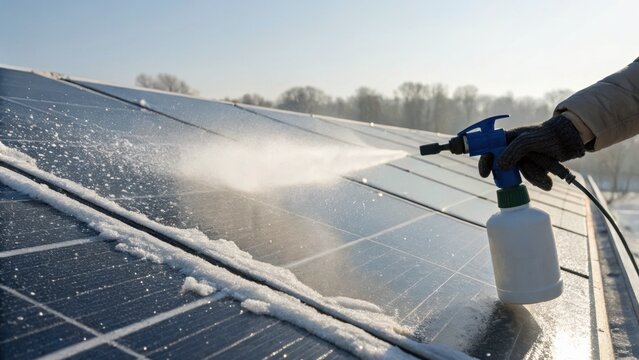 A person sprays de-icing fluid on solar panels covered with frost on a cold winter day.