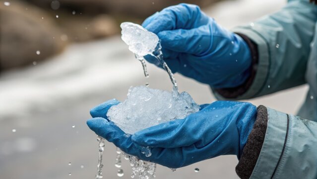 Hands wearing blue gloves holding melting ice outdoors in a cold environment.