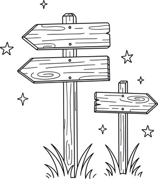 Wooden direction signpost arrows, rustic road guide board illustration isolated vector line art for navigation, travel direction symbol and signage concept