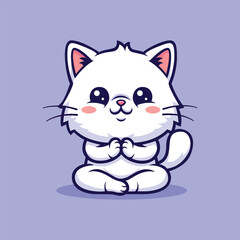 Obraz premium Cartoon Cute White Cat Meditating in Yoga Position Illustration