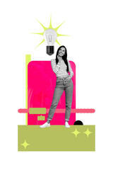 Fototapeta premium Creative composite sketch design artwork collage of idea puzzle mind creative solution young lady stand smile emotion face copyspace.