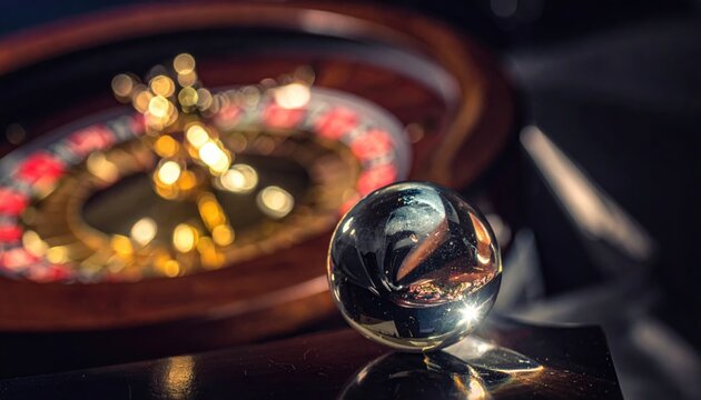 A vintage glass roulette ball with slight imperfection reflecting casino lights, captured in a moment of chance.