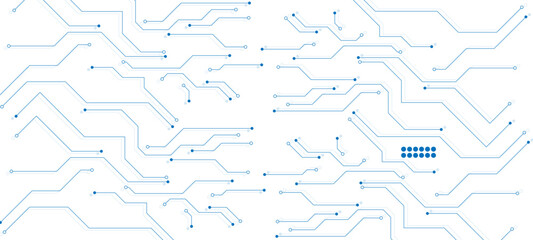 Motherboard design with vibrant blue circuitry and microchip elements. Abstract blue background with lines