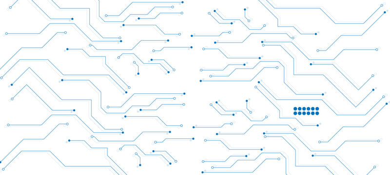 Motherboard design with vibrant blue circuitry and microchip elements. Abstract blue background with lines