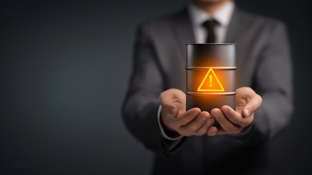 War Impact on Energy Markets Concept, Businessman Holding Glowing Oil Barrel Icon with Warning Symbol, Minimalist Office Background, Global Petroleum Risk and Market Crisis Visual