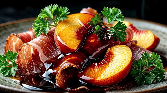 Gourmet food animation prosciutto peach slices balsamic glaze fine dining art

