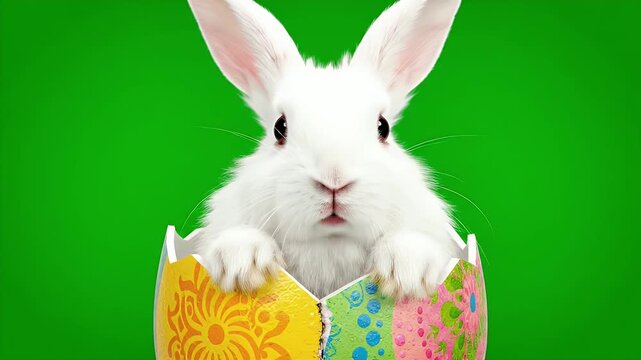 White rabbit popping out of decorated easter egg on green screen