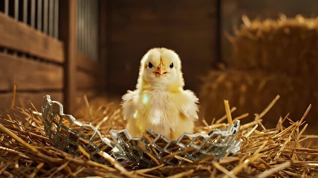 Yellow chick hatching from silver disco ball egg in straw nest