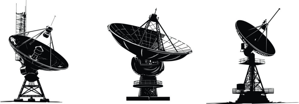 Three large radio telescope parabolic dish antenna silhouettes on tower structure vector