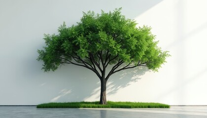 Obraz premium Minimalist tree with green leaves grows on grass patch against white wall. Sunlight creates shadows on clean floor and backdrop. Modern interior design or concept.