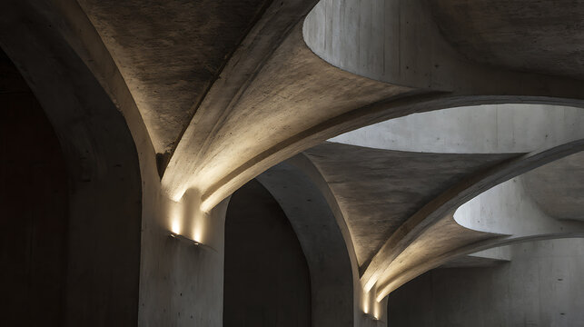 Abstract architectural interior with concrete arches and dramatic lighting showcasing modern design and structural curves in a serene setting