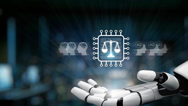 A robotic hand delicately holds a symbol of justice, representing the intersection of artificial intelligence and legal ethics, highlighting modern technology role in law. Synapse