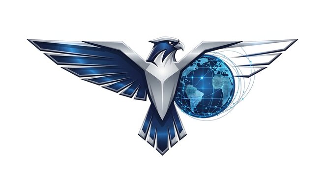 Stylized blue and silver eagle emblem with a globe integrated into its right wing, representing global reach and power.