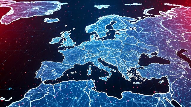 Europe map with white lines and dots on blue and red background