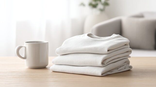 A stack of folded white shirts beside a mug on a light-wood table