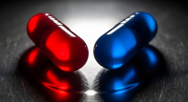 Two reflective red and blue pills standing upright on a dark surface, symbolizing a critical choice or dilemma.