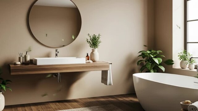 A serene bathroom with a floating wooden shelf holding a sink, a large round mirror above, and a freestanding tub beside a window