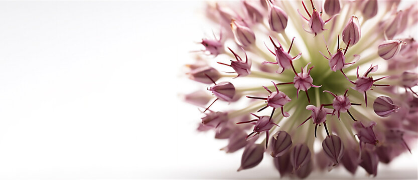 A close-up photography of a beautiful purple Allium flower blooming in a garden with green leaves and petals.