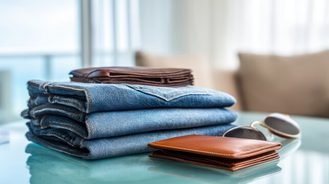 Stack of folded denim jeans with two leather wallets and sunglasses on a glass surface