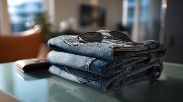 Stacked blue denim jeans with sunglasses and wallet on glass table; interior background