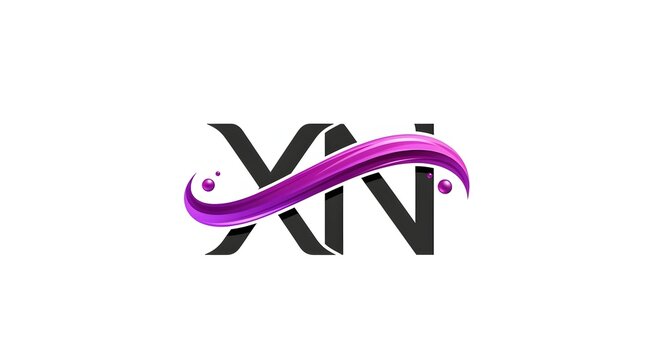 Stylized XN letter logo with a flowing purple ribbon and dots on a white background.