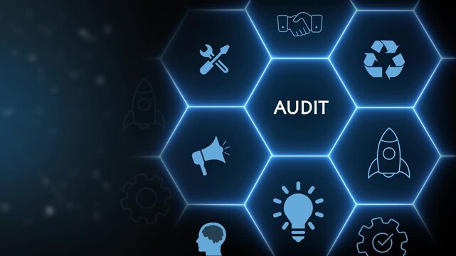 Digital network of hexagons with the word AUDIT in the center and various icons around it audit finance