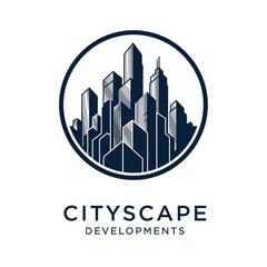 Fototapeta premium Cityscape Developments Logo Design with Abstract City Buildings in a Circle, isolated white background.