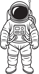 Naklejka premium Astronaut standing alone in spacesuit, observing, outlined draw, space