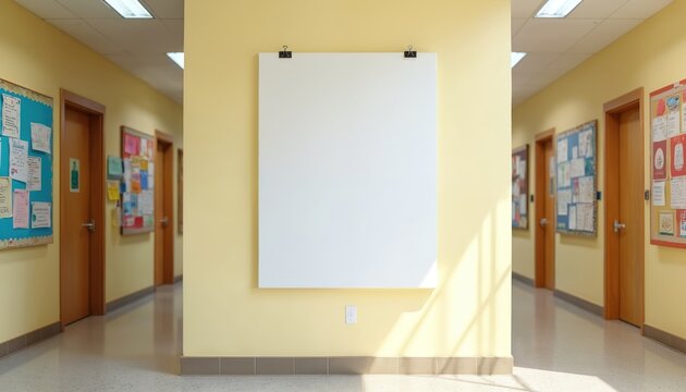 School hallway with yellow walls and wooden doors. Bulletin boards display student art. Blank white canvas hangs on central wall. Natural light streams through windows.