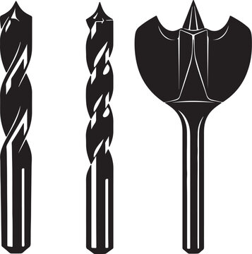 Three black drill bits including a twist drill bit a brad point drill bit and a spade bit on a white background also transparent background