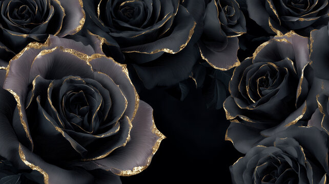 Black and gold roses on a dark background. Botanical luxury floral wallpaper
